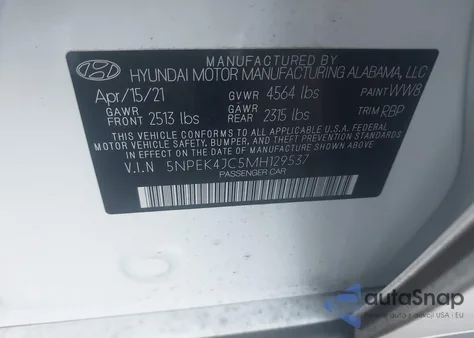 2021 Hyundai Sonata N Line z USA, uszkodzony, nr VIN 5NPEK4JC5MH129537